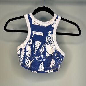 Edikted Blue and White Face Print Ribbed Cropped Halter Razor Back Top
